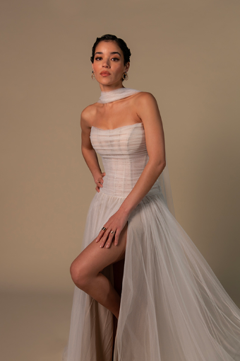 All Who Wander Style #SABINE with shawl #1 (IV-IV) IVORY FRENCH TULLE OVER IVORY GOWN W IVORY SHAWL thumbnail